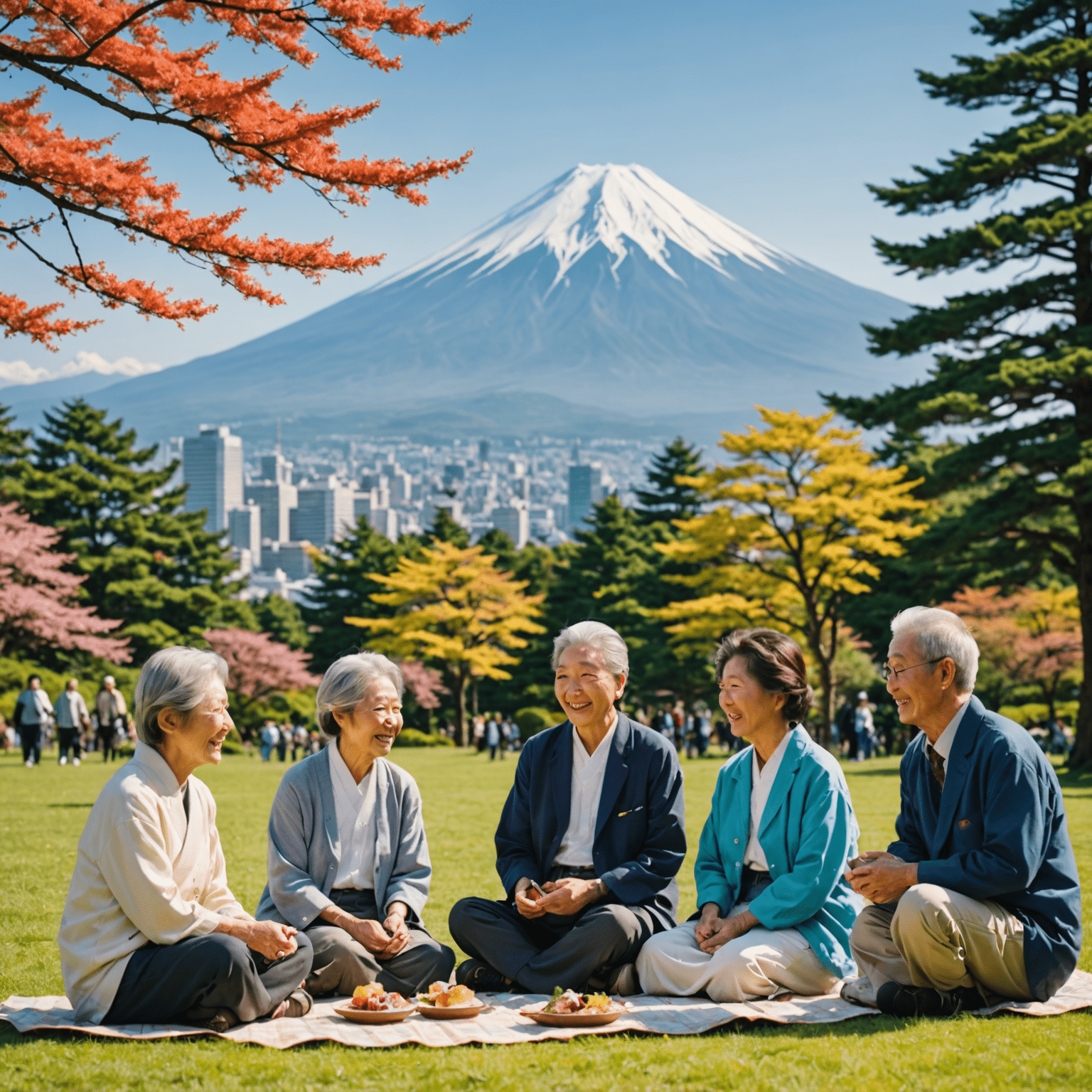 A group of smiling senior Japanese people enjoying various activities in a vibrant park setting, with Mount Fuji visible in the background