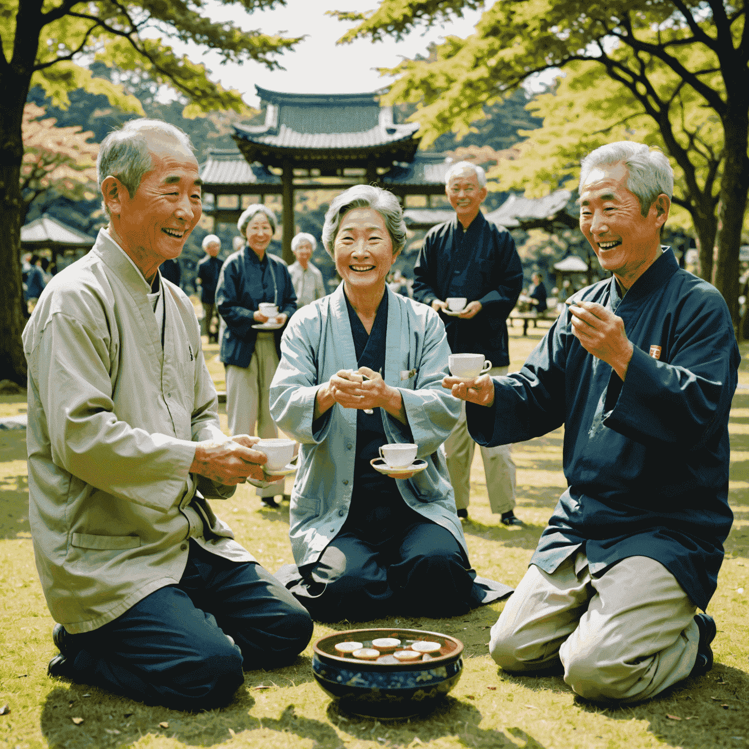 A group of smiling senior Japanese people engaging in various activities like tai chi in a park, painting, and enjoying tea ceremony. The image radiates energy and happiness, showcasing the active lifestyle of retirees in Japan.