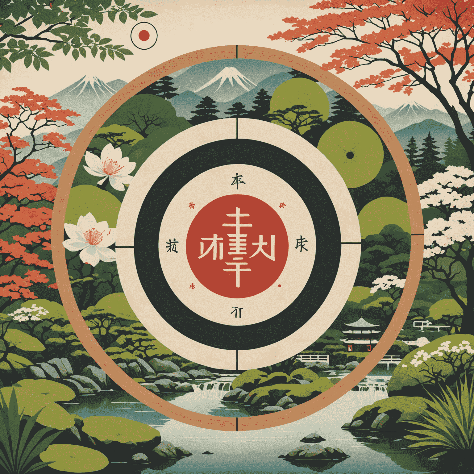 An illustration depicting the Japanese concept of Ikigai with four overlapping circles representing passion, mission, profession, and vocation, set against a backdrop of a serene Japanese garden