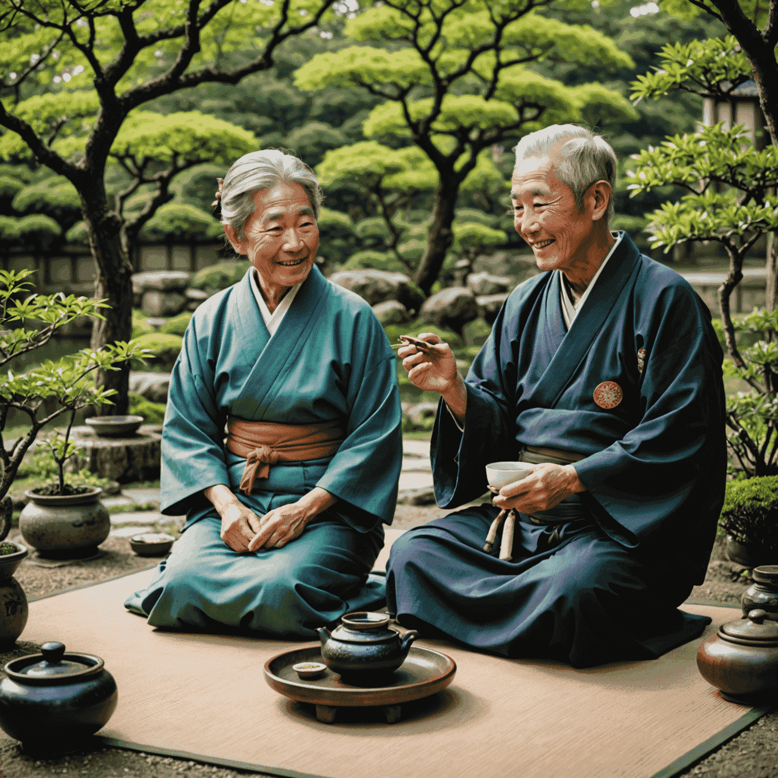An elderly Japanese couple sitting in a traditional garden, smiling and engaged in a tea ceremony. The image represents the concept of Ikigai and finding purpose in retirement.