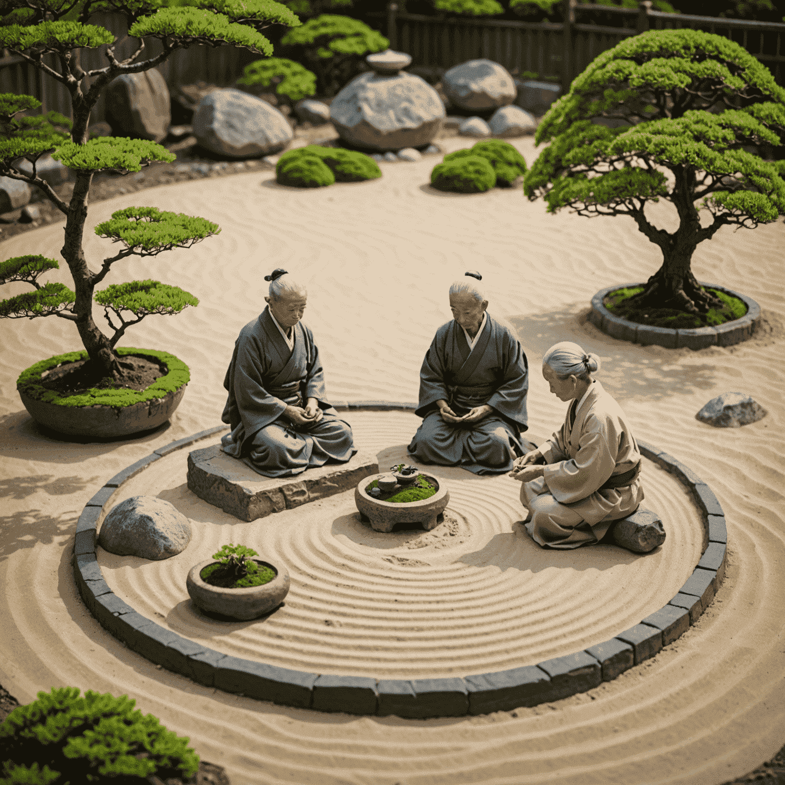 A serene Japanese Zen garden with carefully raked sand, strategically placed rocks, and a small bonsai tree. An elderly couple is seen peacefully tending to the garden.