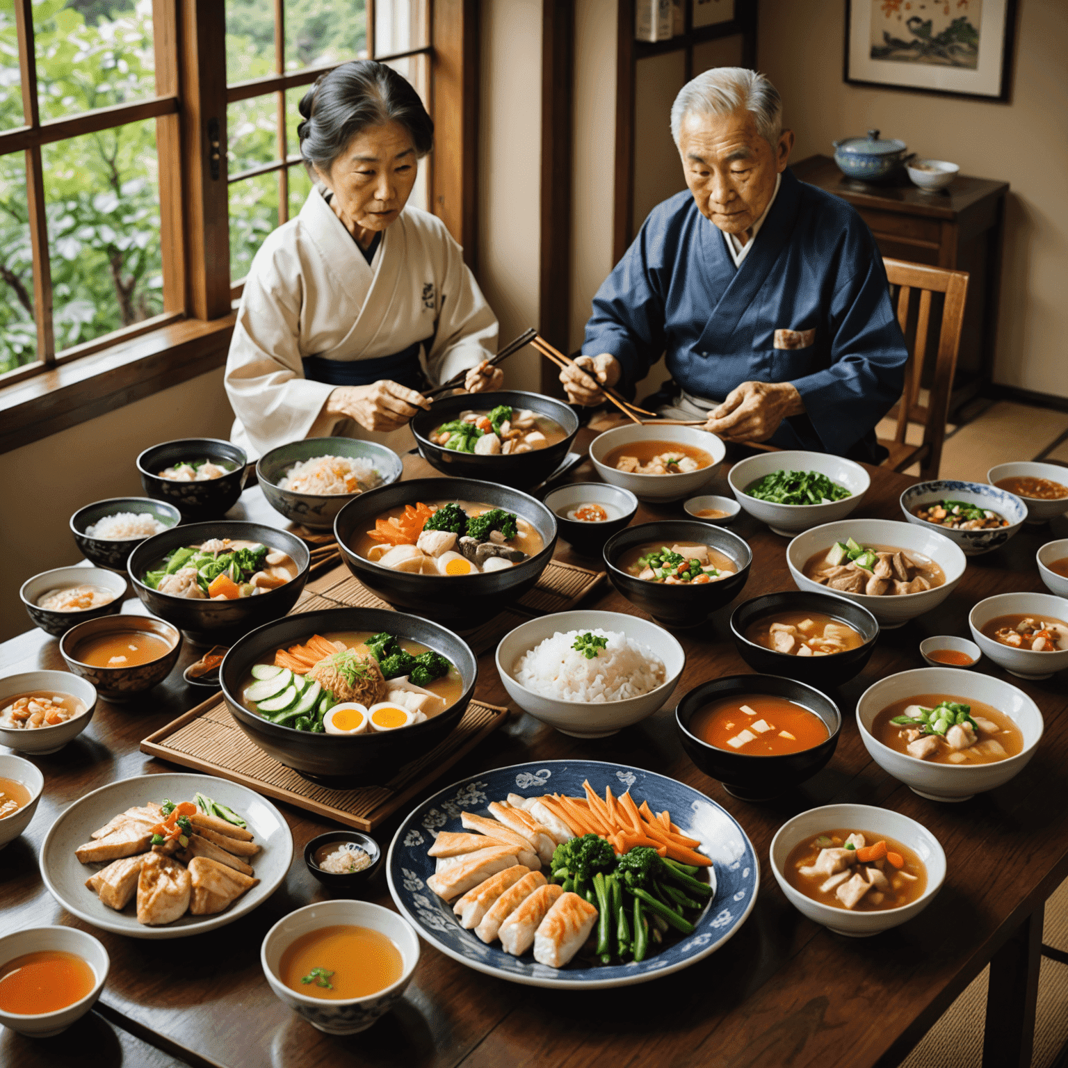 A colorful spread of traditional Japanese dishes including miso soup, grilled fish, steamed rice, and various vegetable side dishes, arranged on a low table with an elderly couple enjoying the meal in the background