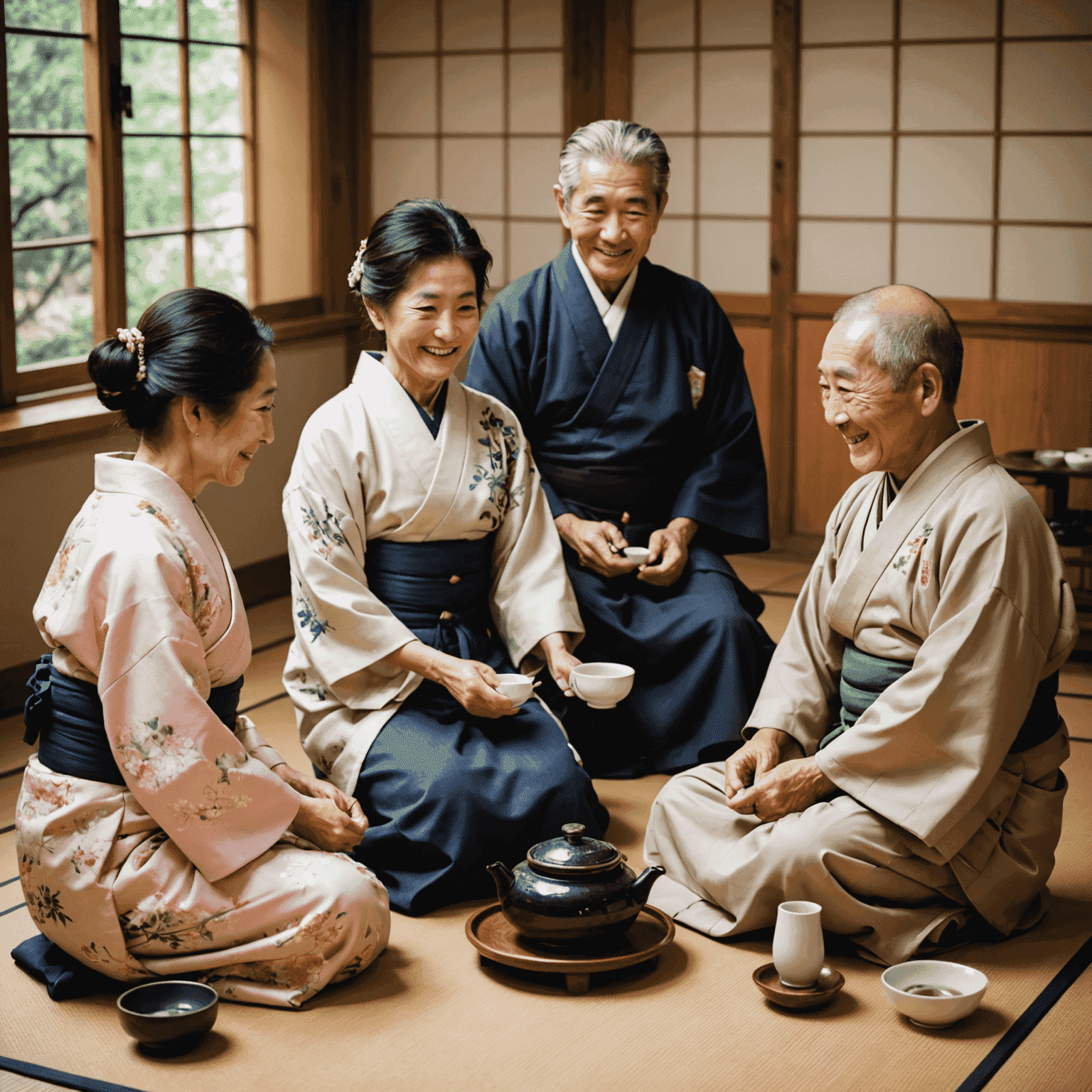 A group of smiling senior Japanese citizens participating in a tea ceremony, wearing traditional kimonos and enjoying each other's company