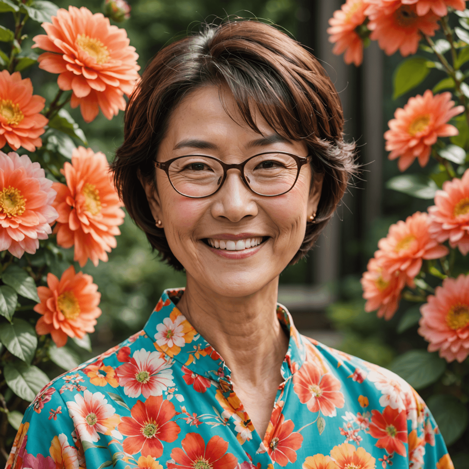 Smiling middle-aged Japanese woman with short hair and glasses, wearing a bright floral blouse