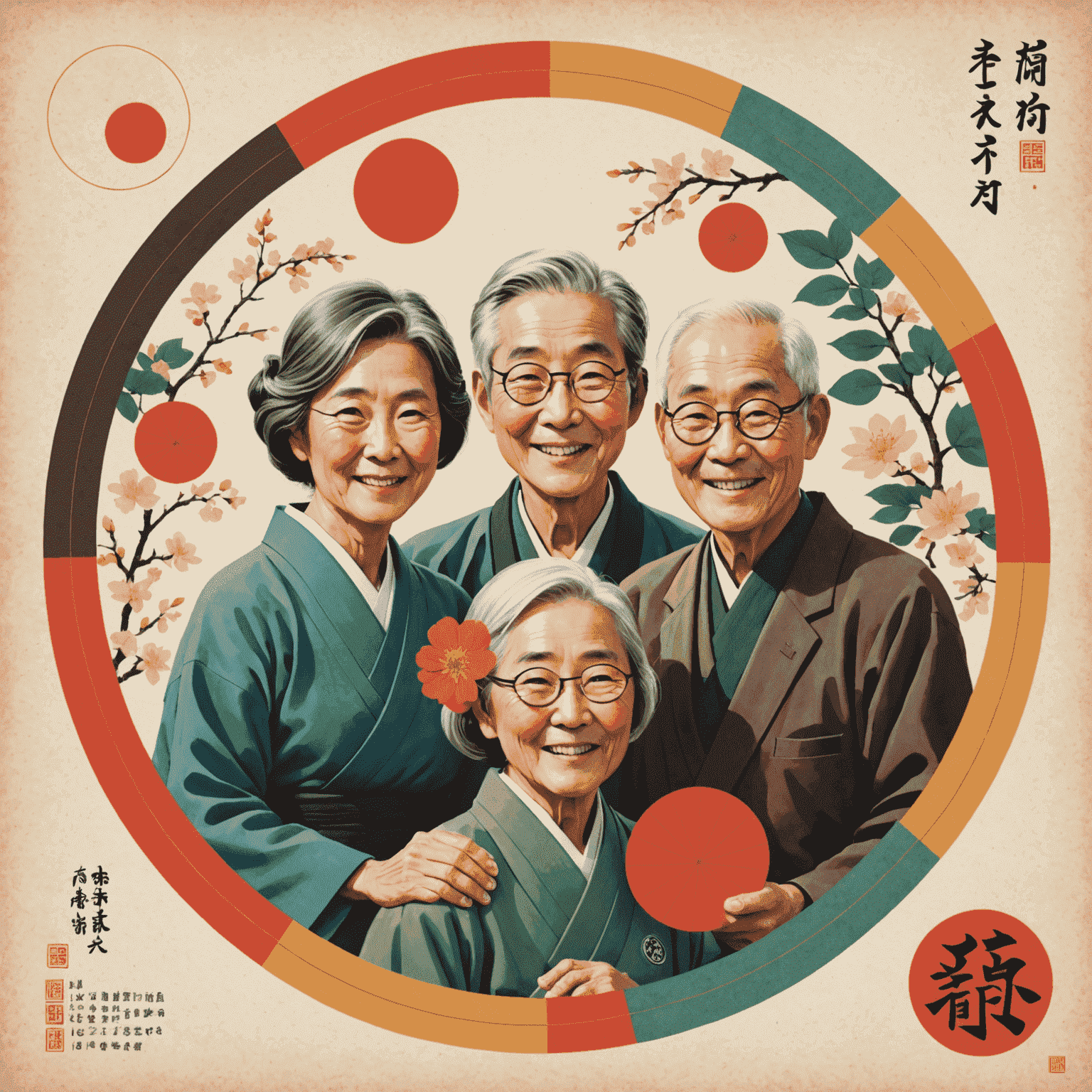 An illustration depicting the Japanese concept of Ikigai with four overlapping circles representing passion, mission, vocation, and profession. In the center, an elderly couple is shown smiling and engaged in various activities.