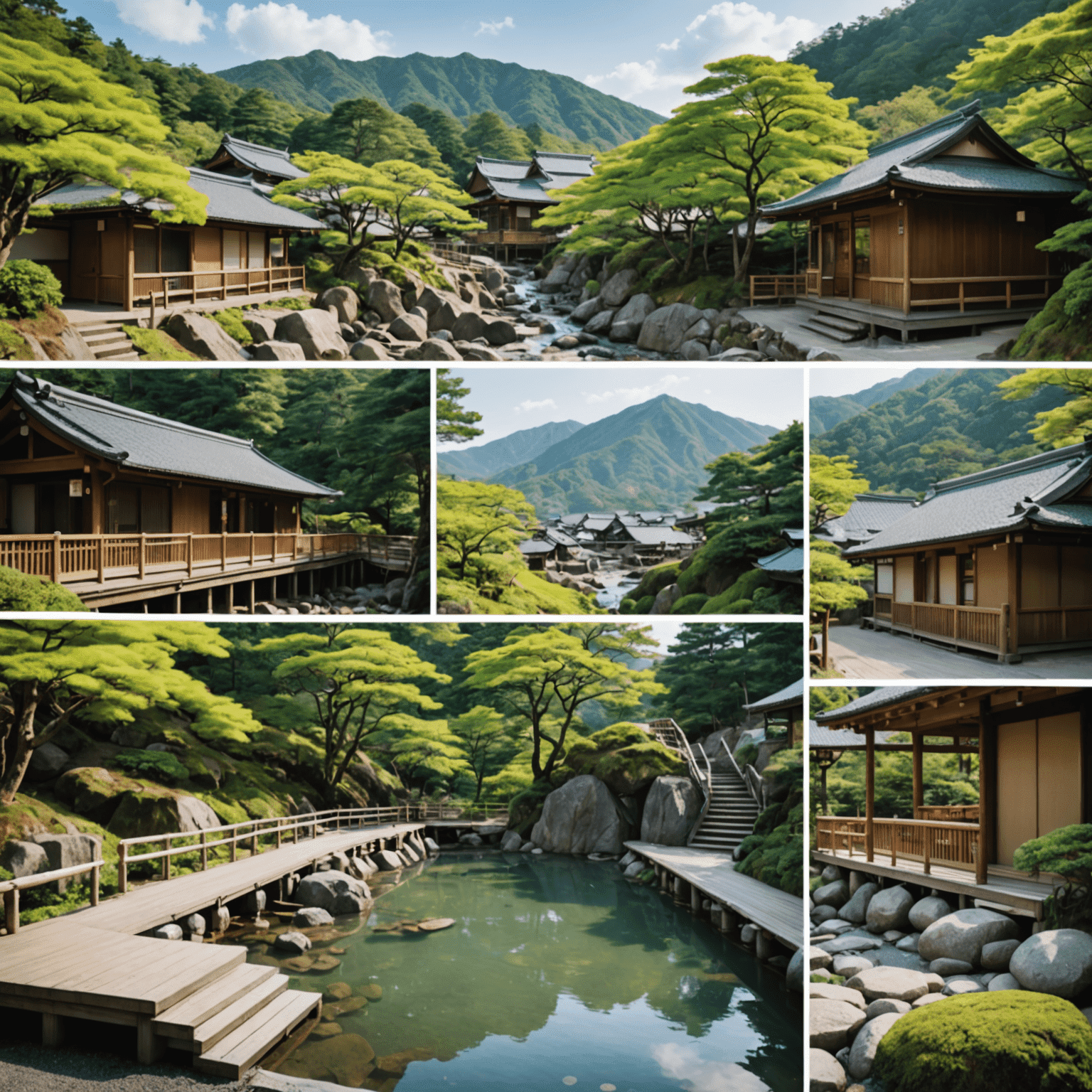 A collage of five serene onsen hot springs with accessible features such as handrails and gentle slopes, surrounded by beautiful Japanese landscapes