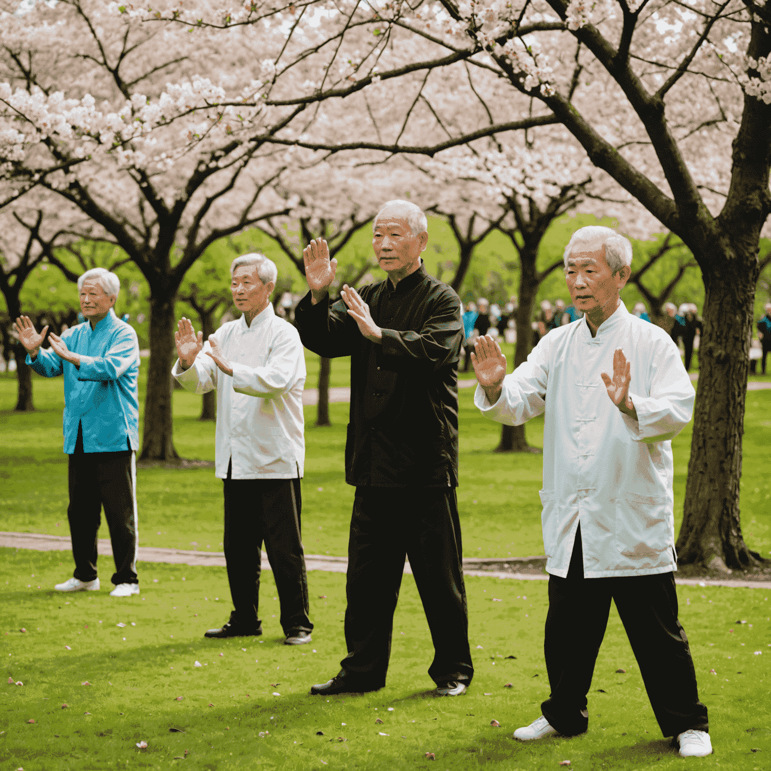 A group of senior Japanese citizens practicing tai chi in a serene park setting, surrounded by cherry blossom trees. The image illustrates the importance of health and community in retirement.