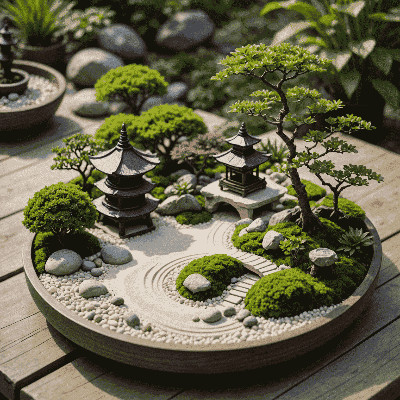 A close-up of a beautifully arranged miniature Zen garden on a wooden table. The garden features white sand with intricate patterns, small rocks, a miniature pagoda, and a tiny bonsai tree.