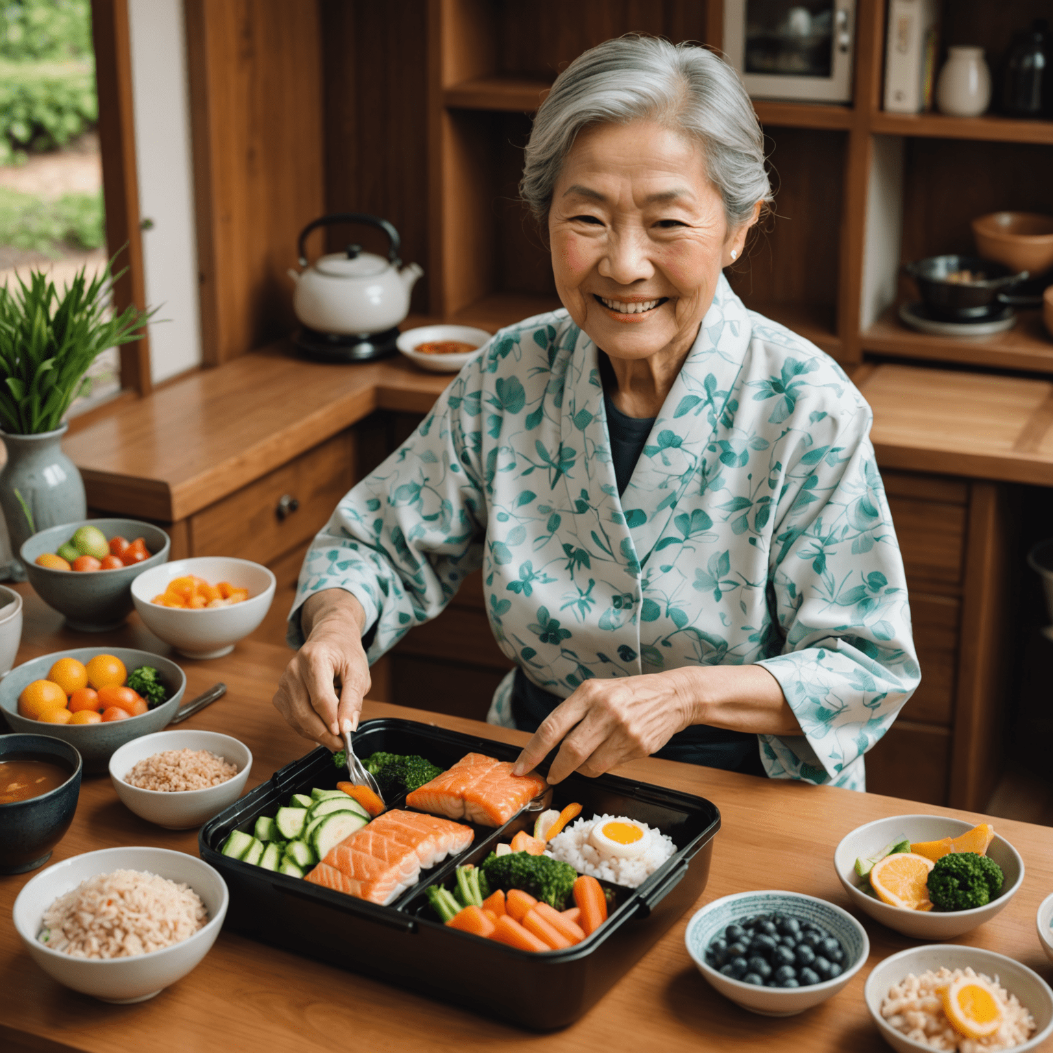A smiling elderly Japanese woman preparing a healthy bento box filled with grilled salmon, brown rice, steamed vegetables, and a small portion of fresh fruit