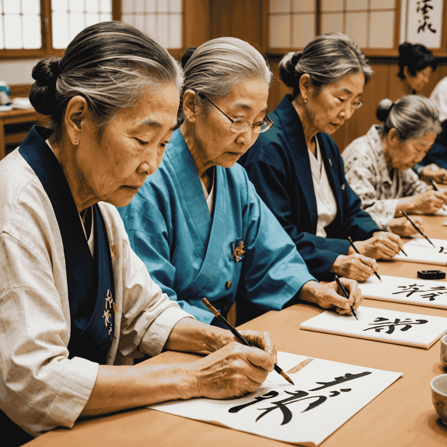 Senior citizens engaged in a calligraphy class, carefully practicing brush strokes on traditional Japanese paper