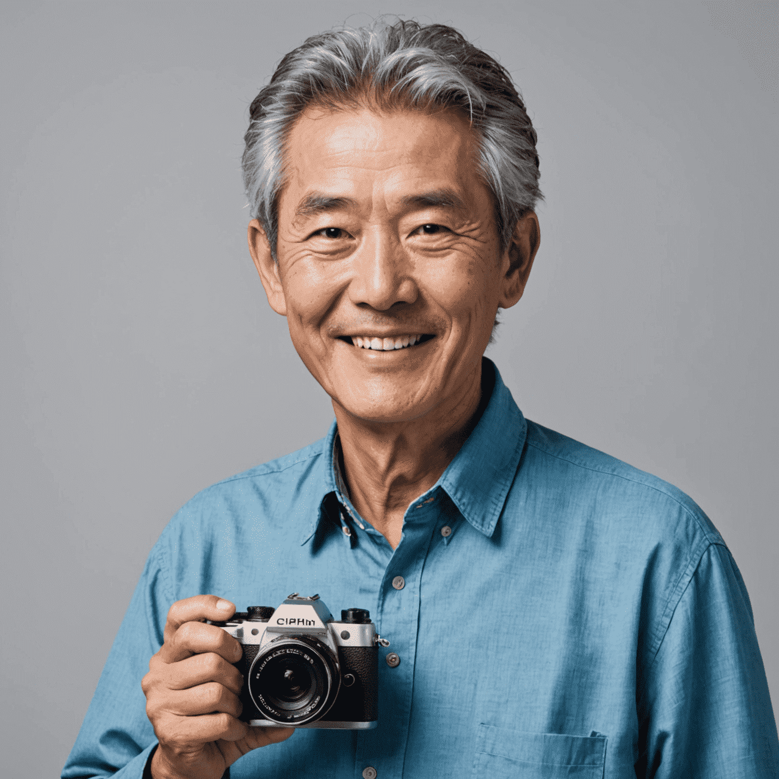 Cheerful senior Japanese man with salt-and-pepper hair, wearing a casual blue shirt and holding a camera