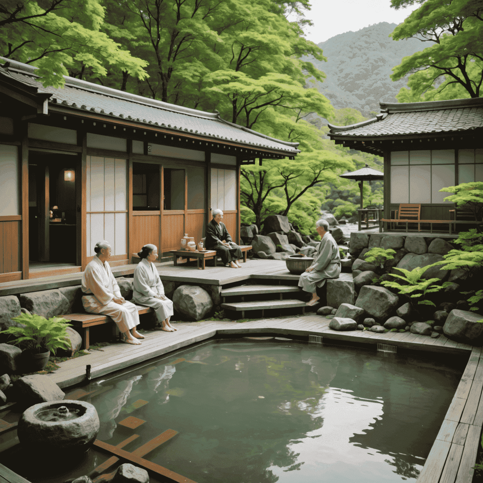 A serene outdoor onsen (hot spring) surrounded by lush greenery. Senior couples are shown relaxing in the steaming waters, with accessible features like handrails and gentle slopes visible.