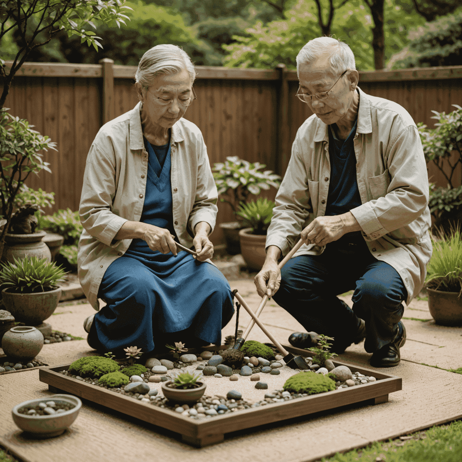 A senior couple peacefully raking a miniature Zen garden, with various tools and elements for creating a Zen garden displayed nearby