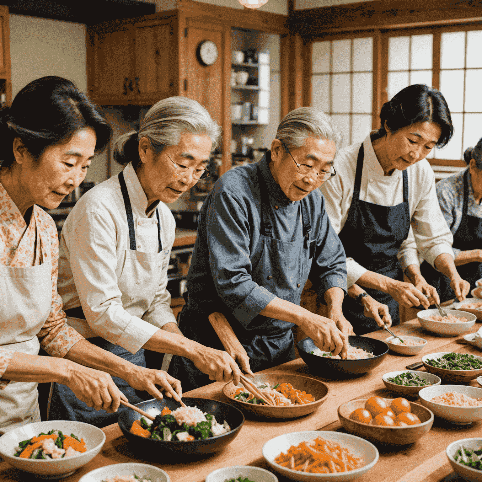 A group of senior Japanese citizens participating in a cooking class, learning to prepare healthy traditional dishes with a focus on colorful vegetables and lean proteins
