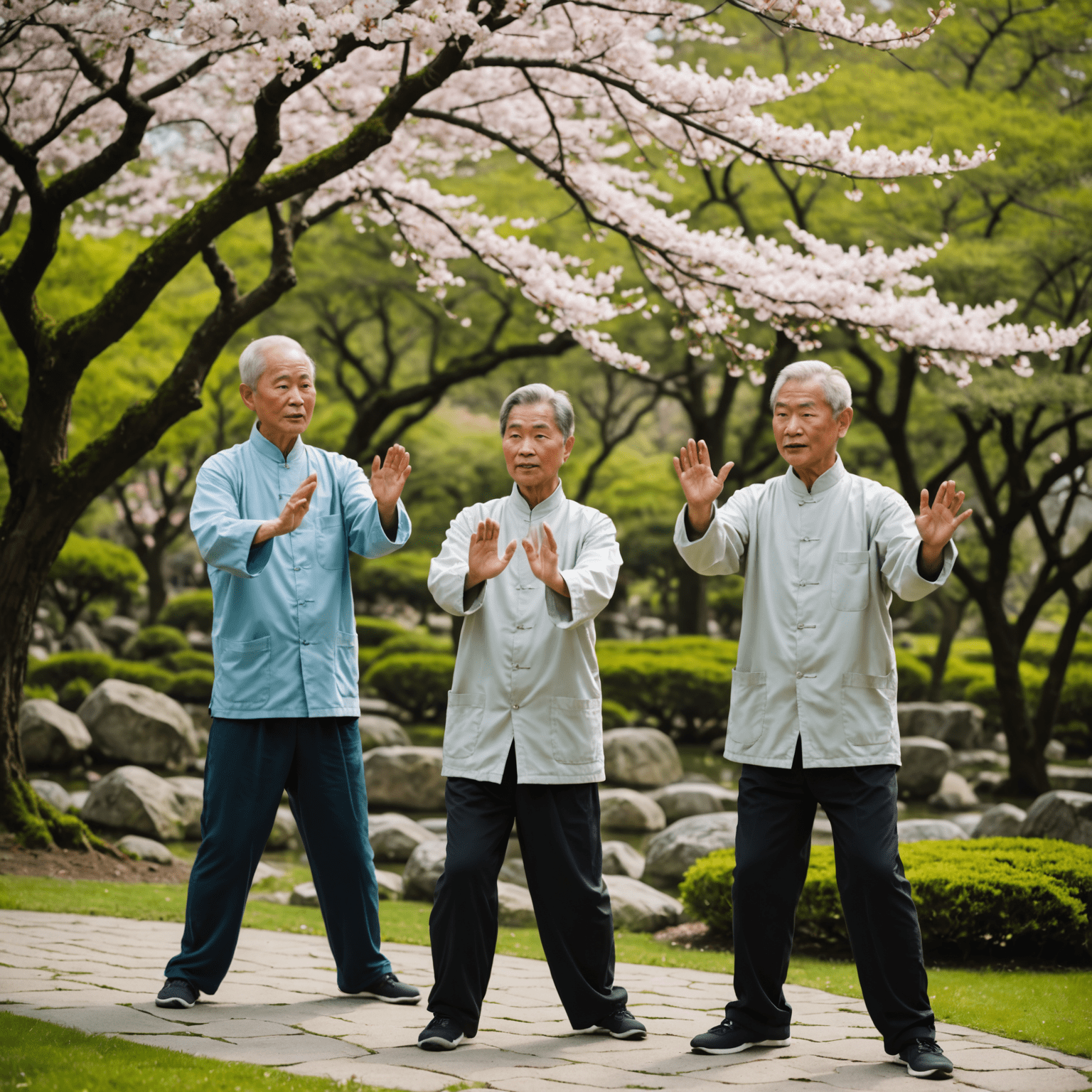 A group of senior citizens practicing tai chi in a peaceful Japanese garden, with cherry blossoms in the background
