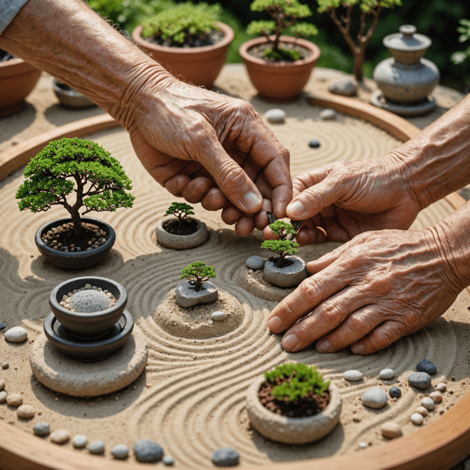 A senior creating a miniature Zen garden. The image shows hands carefully raking sand around small rocks and bonsai trees, with a peaceful expression on the person's face.