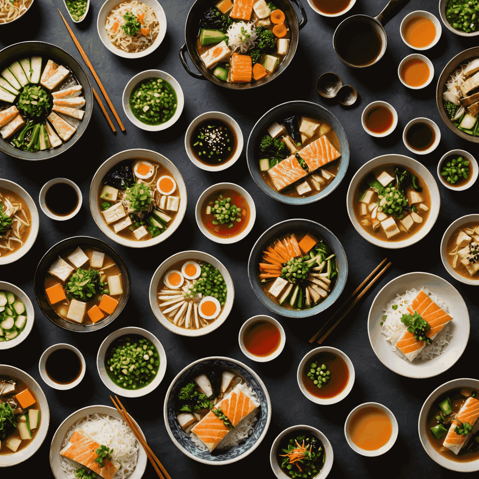 A beautifully presented array of colorful and nutritious Japanese dishes tailored for seniors, including miso soup, grilled fish, and various vegetable side dishes