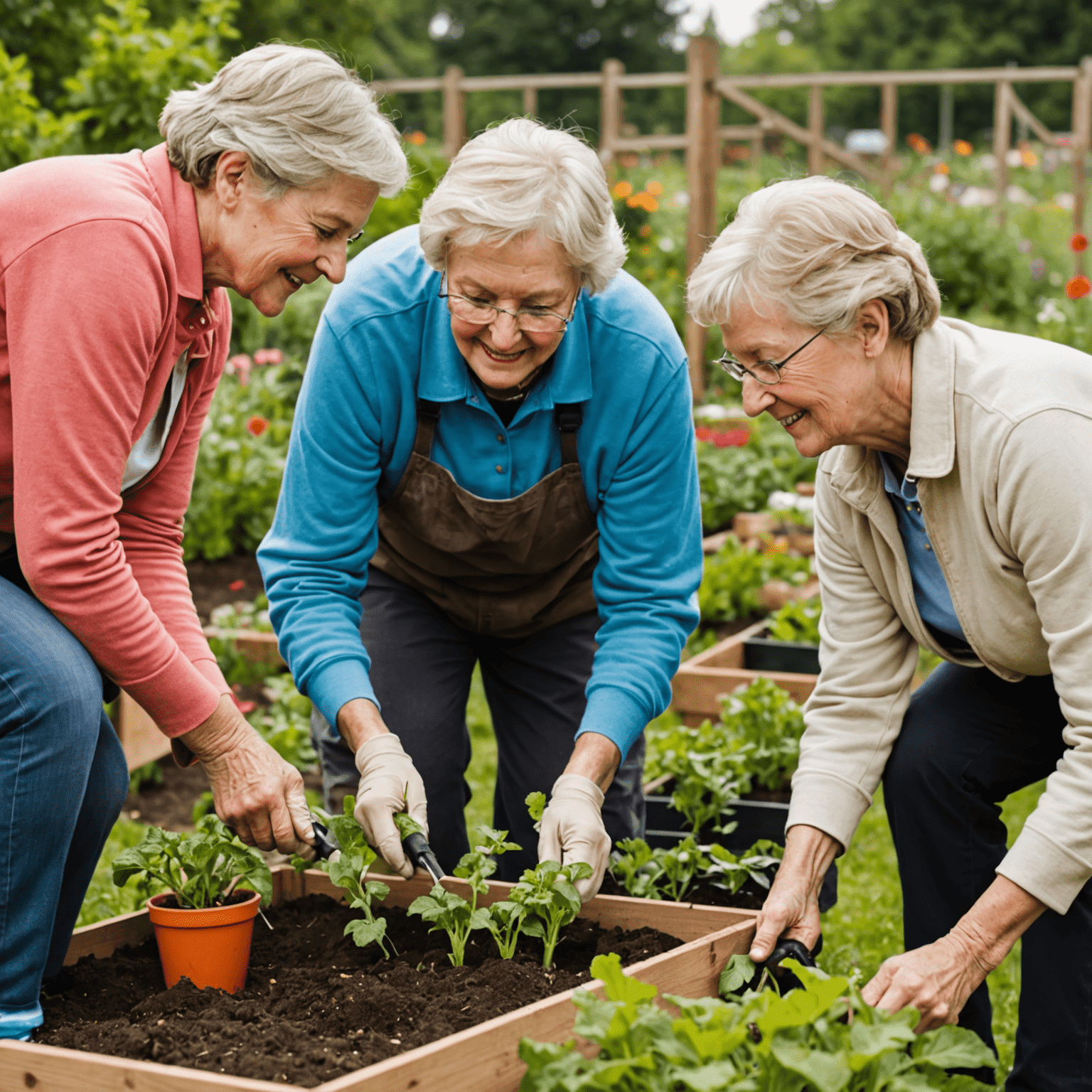 Senior volunteers helping at a community garden, planting vegetables and flowers together