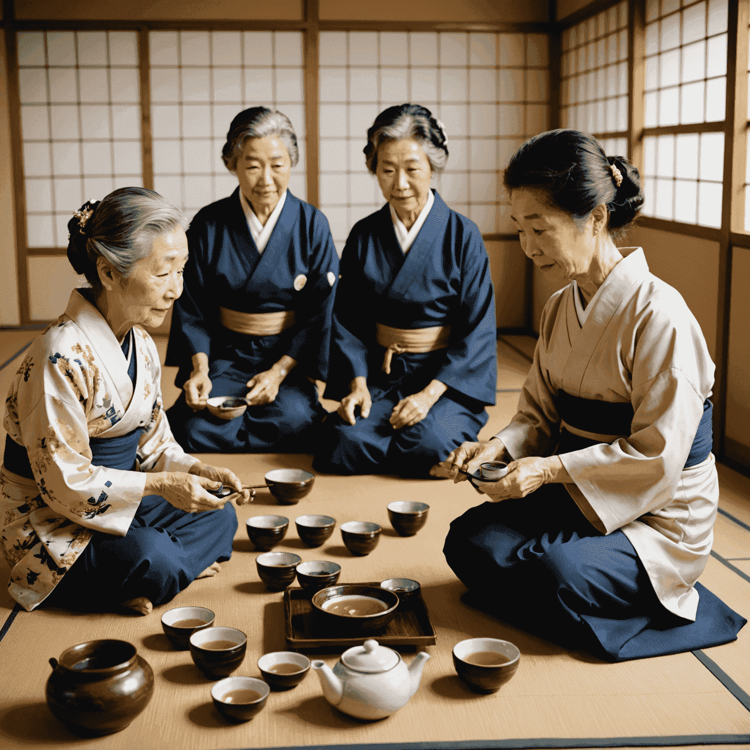 A montage of seniors engaging in various activities in Japan, such as participating in a tea ceremony, doing volunteer work, and enjoying a group outing